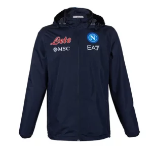 Giacca sportiva blu navy con cappuccio, zip frontale e loghi SSC Napoli ed EA7