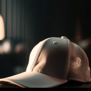 Cappellino da baseball beige con visiera curva e pannelli posteriori in rete