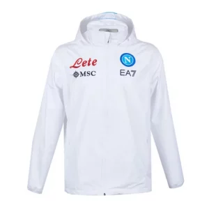 Felpa sportiva bianca con cappuccio e loghi SSC Napoli e EA7 sul petto