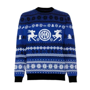 Maglione sportivo blu con motivi invernali bianchi e stemma dell'Inter