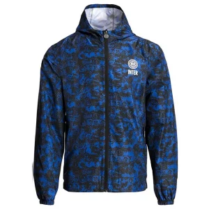 Giacca sportiva tecnica blu e nera con fantasia grafica, cappuccio e stemma dell'Inter
