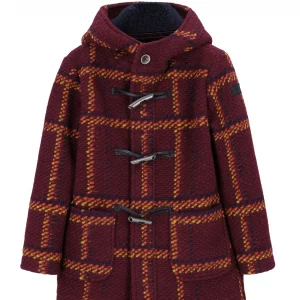 Cappotto con cappuccio bordeaux e fantasia geometrica