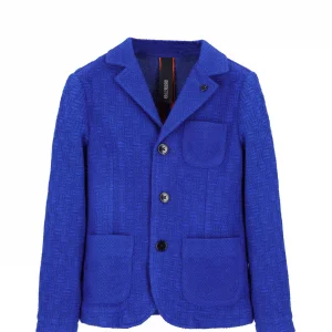 Giacca blu elettrico con revers scuri e tasche frontali