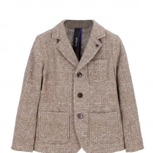 Giacca monopetto beige melange con tre bottoni e tasche applicate